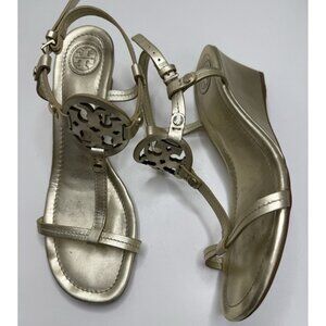 Tory Burch Women's Miller Leather Gold Logo Wedge Sandals Shoes Size 6.5 M
